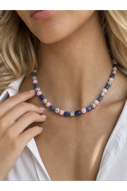 Pink Quartz Natural Stone Necklace - with Navy Blue Howlite and Dalmatian Jasper Beads | Portofino