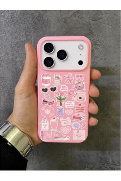 iPhone 17 Pro Max - 18 Pro Max Compatible Pink Objects Skates Perfume and Flower Stickers Patterned Pink Case