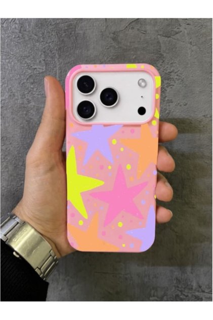 iPhone 17 Pro Max - 18 Pro Max Compatible Neon Yellow Purple Orange Star Motif Pink Case