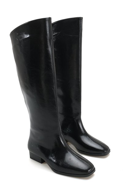 Women's Black Patent Leather Short Heel Square Toe Below the Knee Boots
