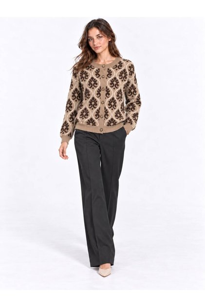 Women's Ethnic Patterned Gold Buttoned Crew Neck Knitwear Cardigan