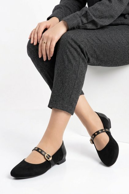 Yonles Belt Scarf Buckle Women's Ballerina Flats Black Suede