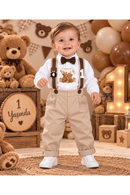 Teddy Bear Concept Birthday Beige Pants Salopet Long Sleeve Shirt Bow Tie Set