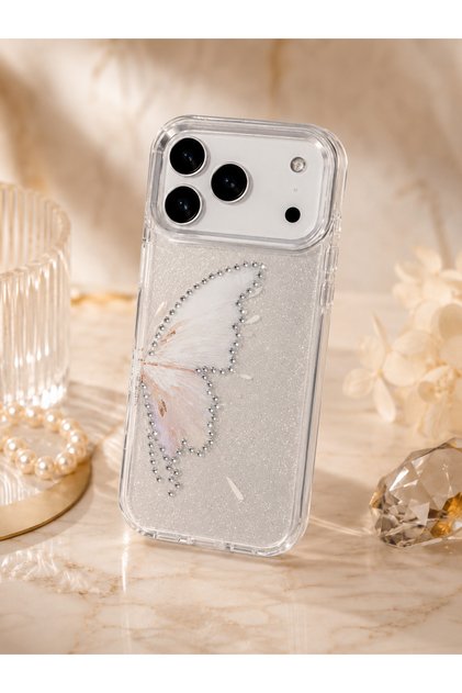 iPhone 18 Pro Max (6.9 Inch) Compatible Silvery Transparent Butterfly Patterned Color Gradient Processing Stone Detailed Metal Camera Protected Hard Silicone Butterfly Case