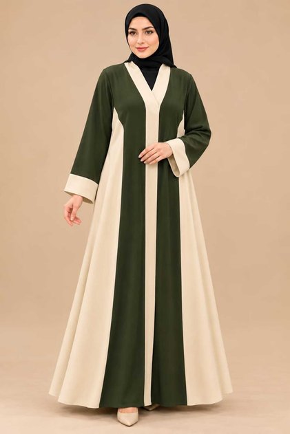 Elegant Olive Green Abaya with a Modern Design That Combines Luxury and Simplicity, Featuring a Loose and Flowy Fit for a Modest and Classy Look.