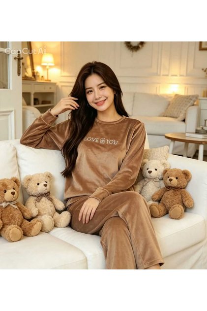 Velvet Women's Pajama Set Light Coffee Color Soft Textured Long Sleeve Crew Neck Comfortable Home Set