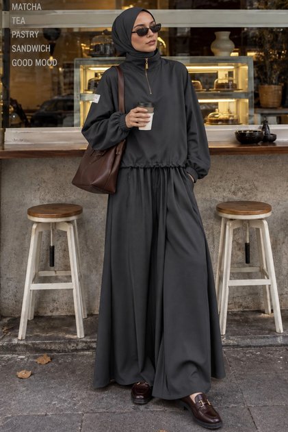 High Collar Half Zipper Oysho Anthracite Hijab Pants Set 14182Ant