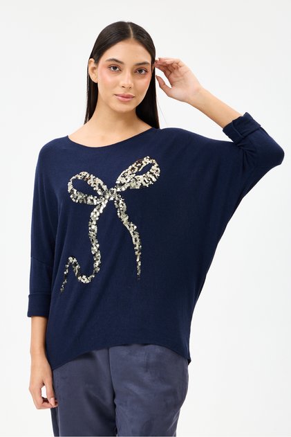Women's Navy Blue Italian Ribbon Pattern Sequined Lycra Oversize Knitwear Sweater Size 40 - 46