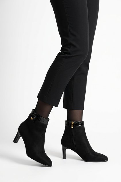 Parmen Women's Classic Heeled Boots with Crochet Detail on the Upper, Black Suede