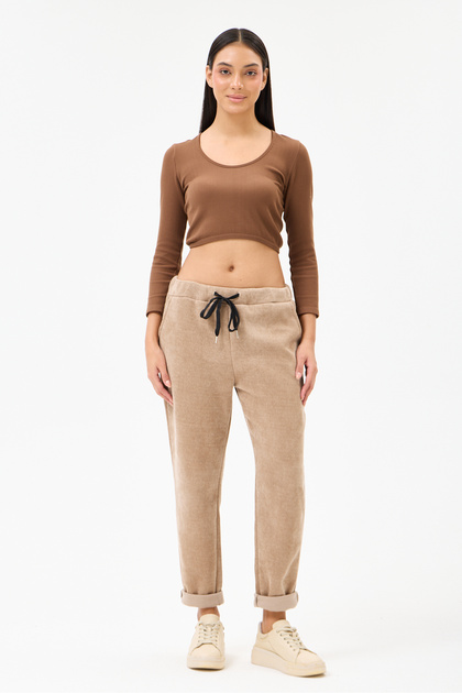 Women's Camel Italian Waist Lace-Up Lycra Velvet Trousers Size 40 - 46