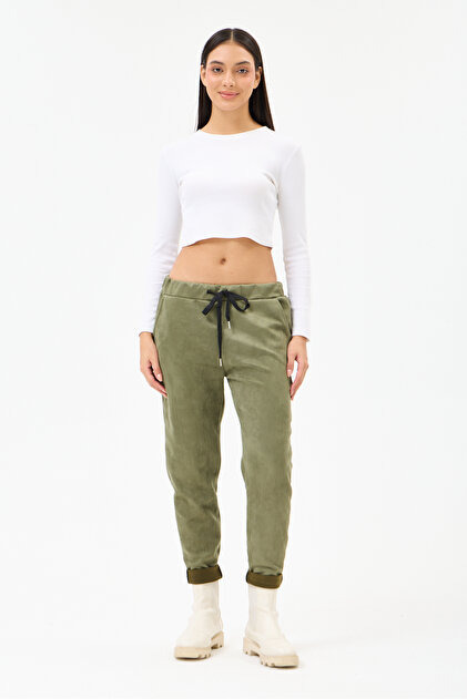 Women's Khaki Italian Waist-Tie Narrow-Leg Lycra Suede Trousers, Sizes 38 - 44