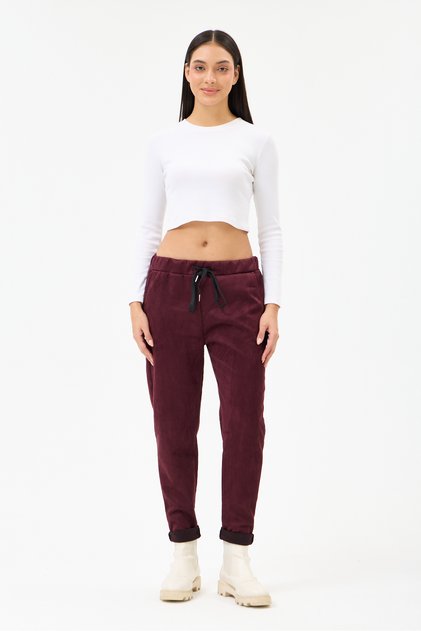 Women's Burgundy Italian Lace-Up Waist Tight-Legged Lycra Suede Pants Size 38 - 44