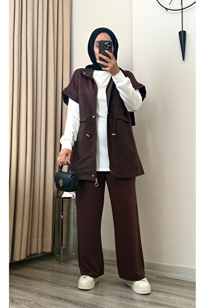 3-Piece Hijab Set with Hooded Vest and Tunic with Pocket Detail