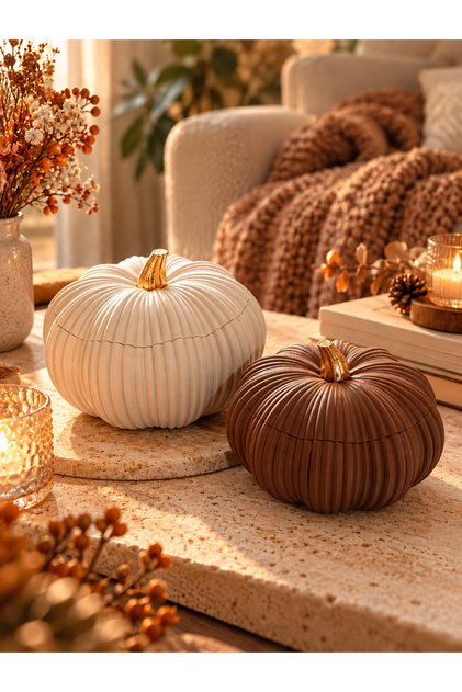 Autumn Pampkin 2’li Dekoratif Balkabağı Kapaklı Şekerlik Saklama Kutusu – 3D Baskı PLA Çikolata Sunumluk Organizer