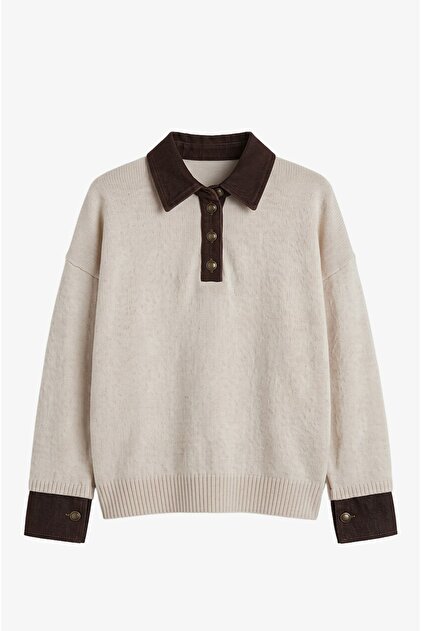 Ecru Collar and Sleeves Denim Detailed Sweater