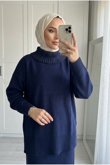 Women's Silvery Turtleneck Knitwear Tunic Long Skirt Two-Piece Set