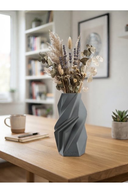 echer studio Echer Studio Özel Seri Vazo - Mat Taş Gri - 3D Baskı Minimalist Dekoratif Vazo