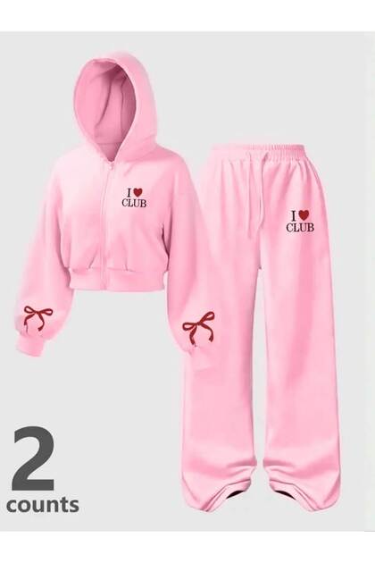 Pink Winter I Love Club Printed Zipper Hooded Crop Top Wide Leg Pants Top and Bottom Set