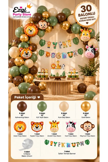 Safari Temalı Doğum Günü Seti Hayvan Temalı Parti Kutlama Süsü 30 Balonlu Doğum Günü Konsepti
