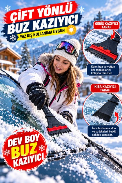Araç Cam Buz Kazıyıcı ve Kar Temizleyici – Oto Ön Cam Buz Çözücü Kazıma Aparatı, Ergonomik Saplı Kışlık Cam Temizleme Aparatı Çift Taraflı