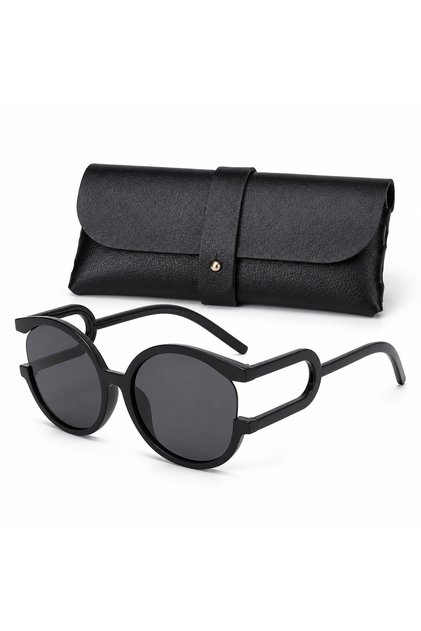 Ochelari de soare unisex rotunzi, ramă neagră cu detalii decupate, lentile fumurii UV400 + suport din piele bonus