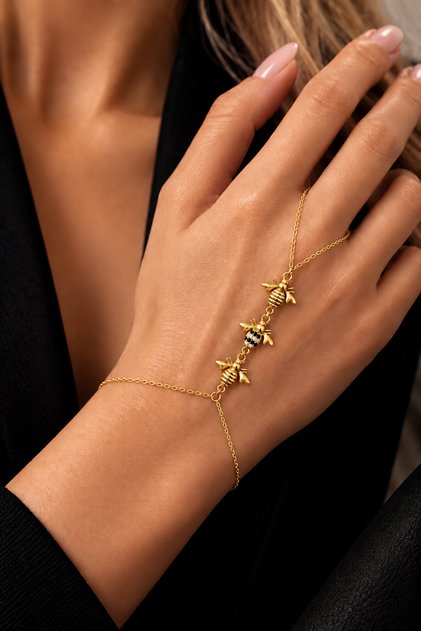18K Altın Kaplamalı 925 Ayar Gümüş Zirkon Taşlı Üç Arı Figürlü Şahmeran - 45108702