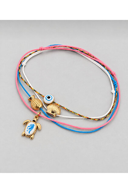 4-Piece Sea Figured String Anklet with Enamel Turtle, Fish, Mussel and Evil Eye Beads Adjustable Anklet