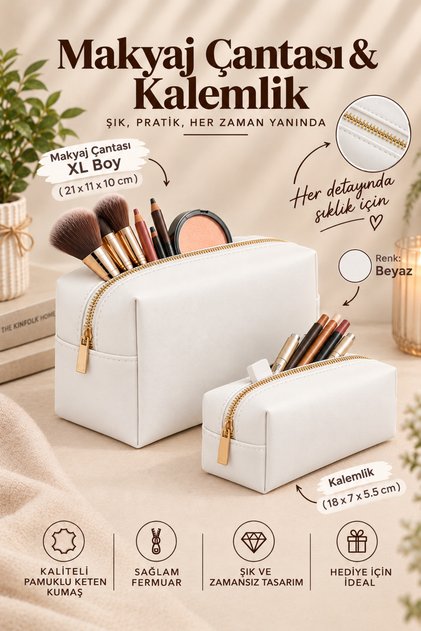 Vegan Deri Organizer Makyaj Çantası Günlük Kullanım İçin Çok Amaçlı (23x12cm)
