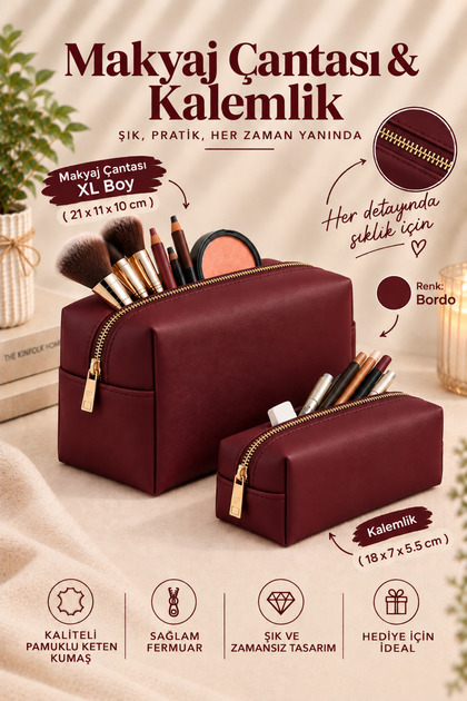 Vegan Deri Organizer Makyaj Çantası Günlük Kullanım İçin Çok Amaçlı (23x12cm)