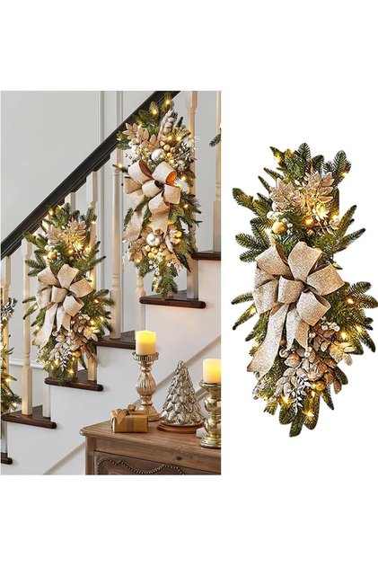 Christmas Stairway Artificial Swag, 24" Christmas Wreaths with LED Light, Xmas Door Pendant Prelit Christmas Garland for Stair Railing Wall Window Xmas Decor (Gold)