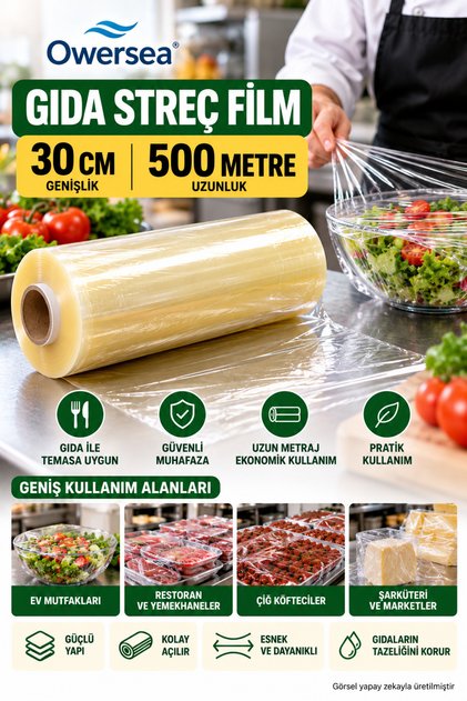 500 Metre X 30 cm Gıda Streç Film Yemekçiler Çiğ Köfteciler için 1.kalite (TAM 500 METRE)