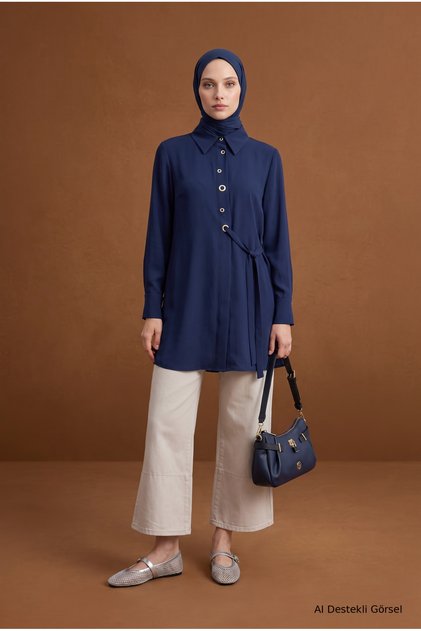 Shirt Collar Eyelet Detailed Belted Tunic 91 cm Length Navy Blue 26Kt431