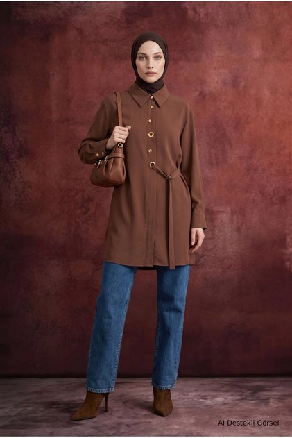 Shirt Collar Eyelet Detailed Belted Tunic 91 cm Length Camel 26Kt431