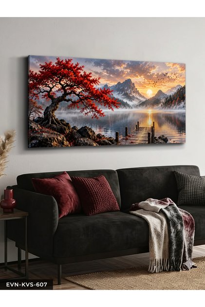 Red Tree and Sunset by the Lake One Piece Canvas - Canvas Painting