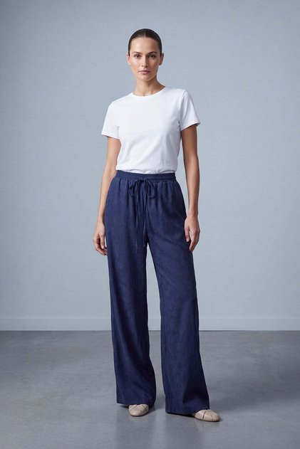 Navy Blue Lace-Up Wide-Leg Suede Pants