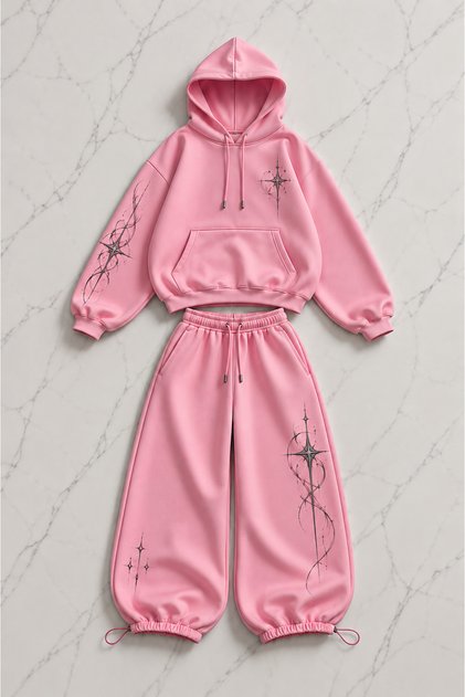 Star Star Printed Pink Oversize Hoodie & Sweatpants Set