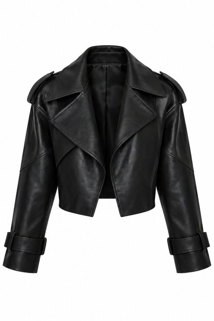 Black Epaulet Detailed Design Leather Jacket - 2909