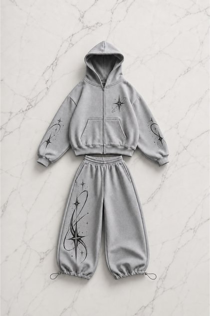 Star Printed Gray Oversize Cardigan & Sweatpants Set
