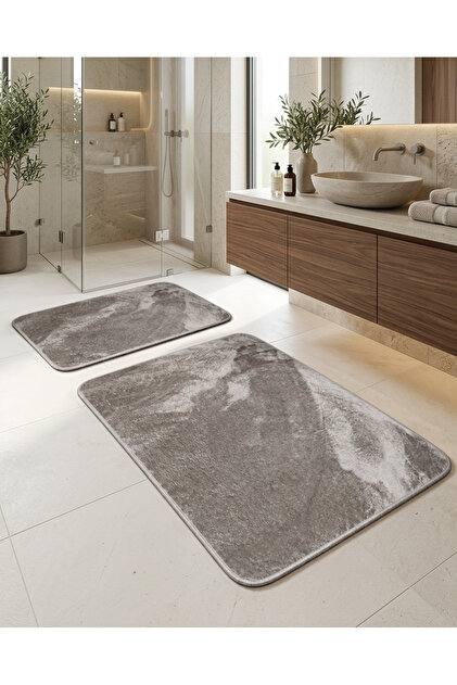 2 Pieces Soft Plush Fabric Bath Mat - Toilet Mat Set - Non-Slip Bottom Feature Anti-Slip Base