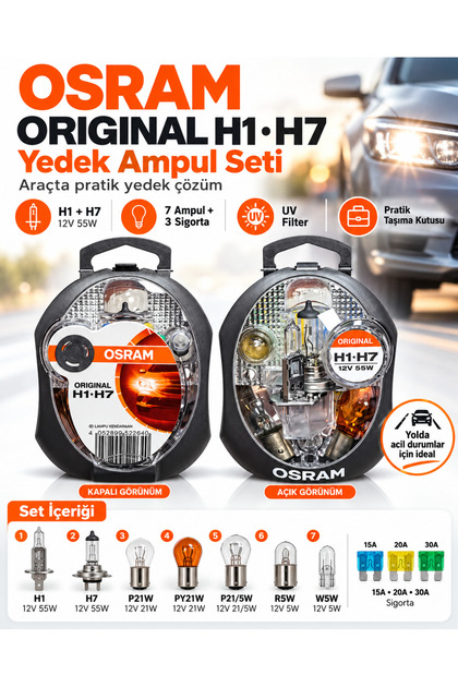 Original H1 H7 Yedek Ampul Seti 12V 55W – 7 Ampul + 3 Sigorta, Taşıma Kutulu