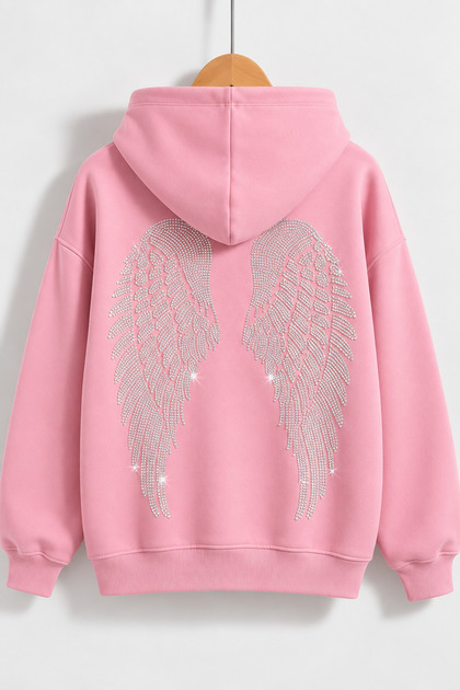 Women's Wing Stone Printed Hooded Oversize Sweatshirt Pink