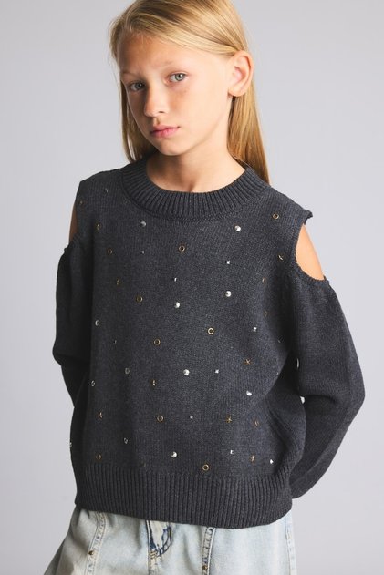Crew Neck Open Shoulder Stone Embroidered Sweater for Girls I5717A826Wn