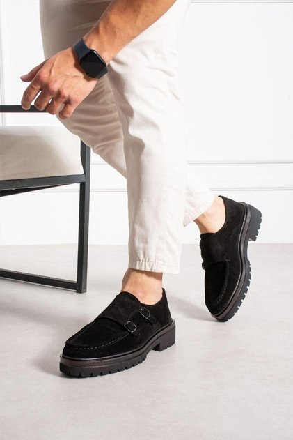Alviano Shoes Suede Black Men's Double Buckle Genuine Leather Comfortable Eva Sole Shoes