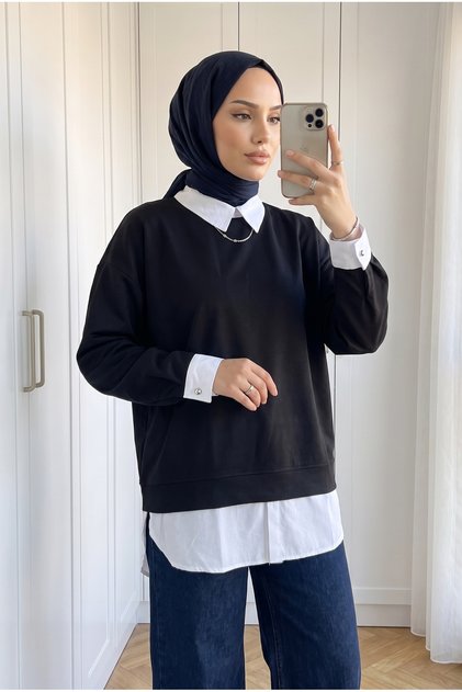 Kadın Gömlek Yaka Detaylı Tek Parça Katmanlı Oversize Sweatshirt 72 cm