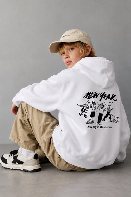 Boy's Oversize Hoodie Sweatshirt Day in Nyc Printed White – Hooded, Pocketed, 3 Thread Fleece