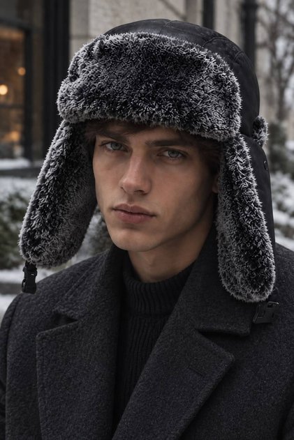 Men's Black Fur Hat with Earmuffs | Quilted Winter Warm Modern Model