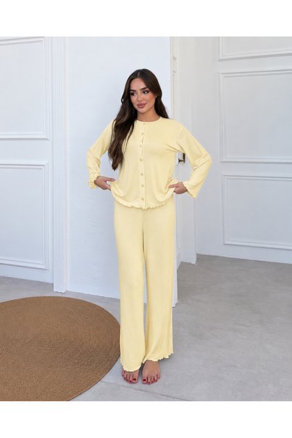 Yellow Ribbed Pajama Set with Front Buttons