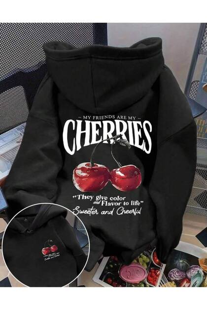Women's Cherry Printed Hooded Sweatshirt
