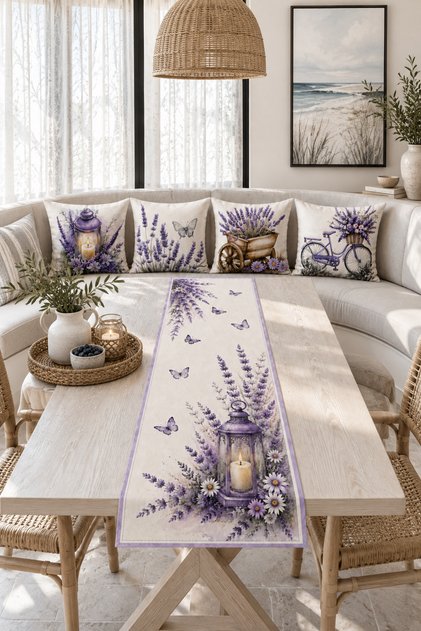 Purple Lavender Vintage Bicycle and Lantern 4-Piece Throw Pillow Cover Runner Set