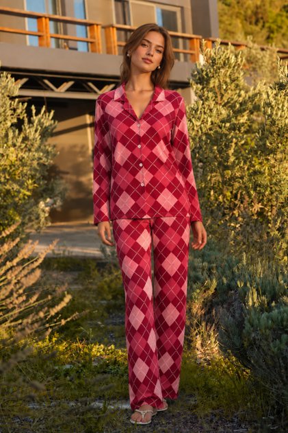Women's Patterned Cotton Buttoned Red Pajama Set
